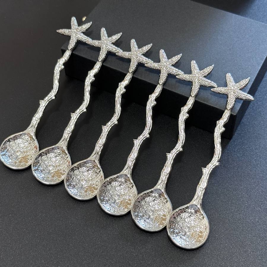 6pcs Small Spoons With Golden Starfish Design Perfect Dessert Utensils For Beach Weddings P