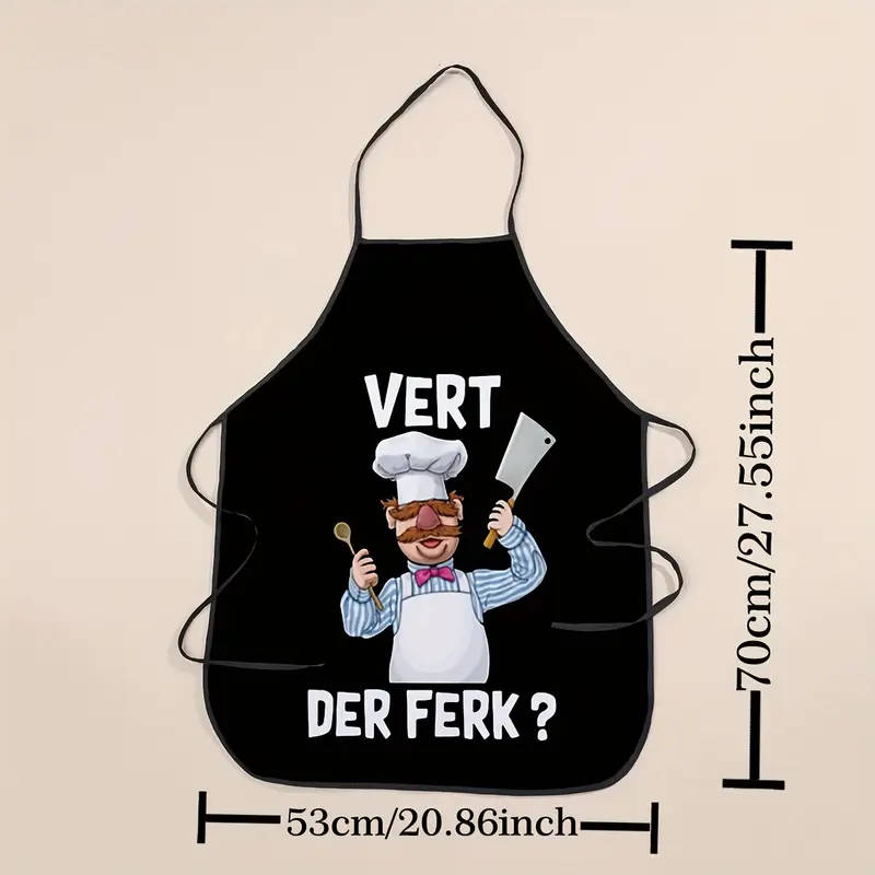 1pc Stylish Chef Print Polyester Apron Black with VERT DER FRECK Design Glossy Finish Perfect for Ki
