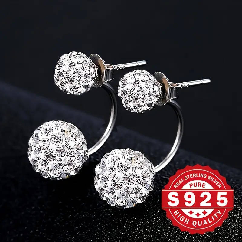 Pair of Women's Rhinestone Ball Earrings, 925 Sterling Silver Plated