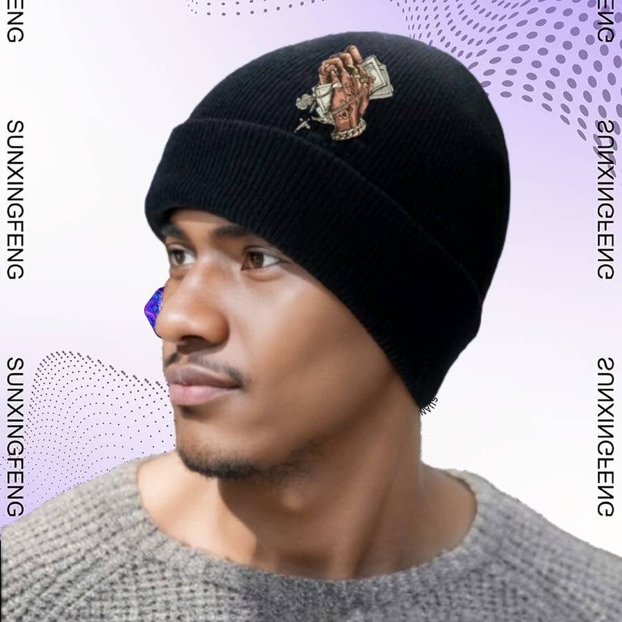 1pc Men's Hip Hop Style Black Knit Beanie with Cross Pattern Warm Stretchy Machine Washable