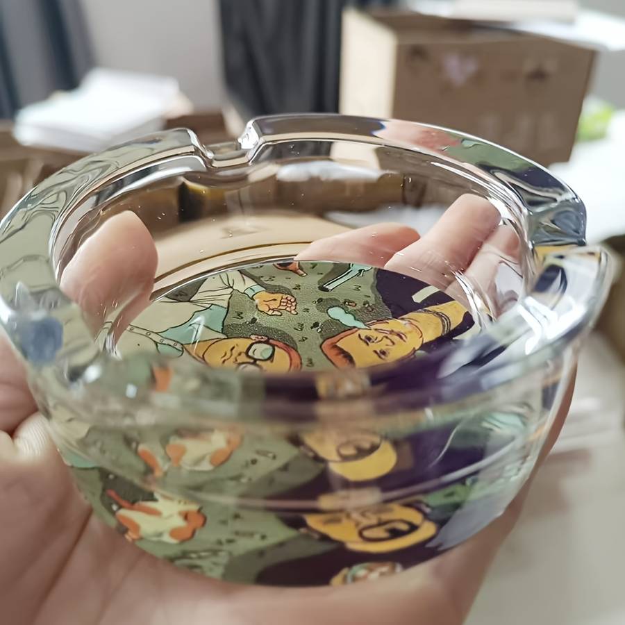 1pc Vibrant Cartoon Family Glass Ashtray 85mm Round Colorful Character Design with Animated
