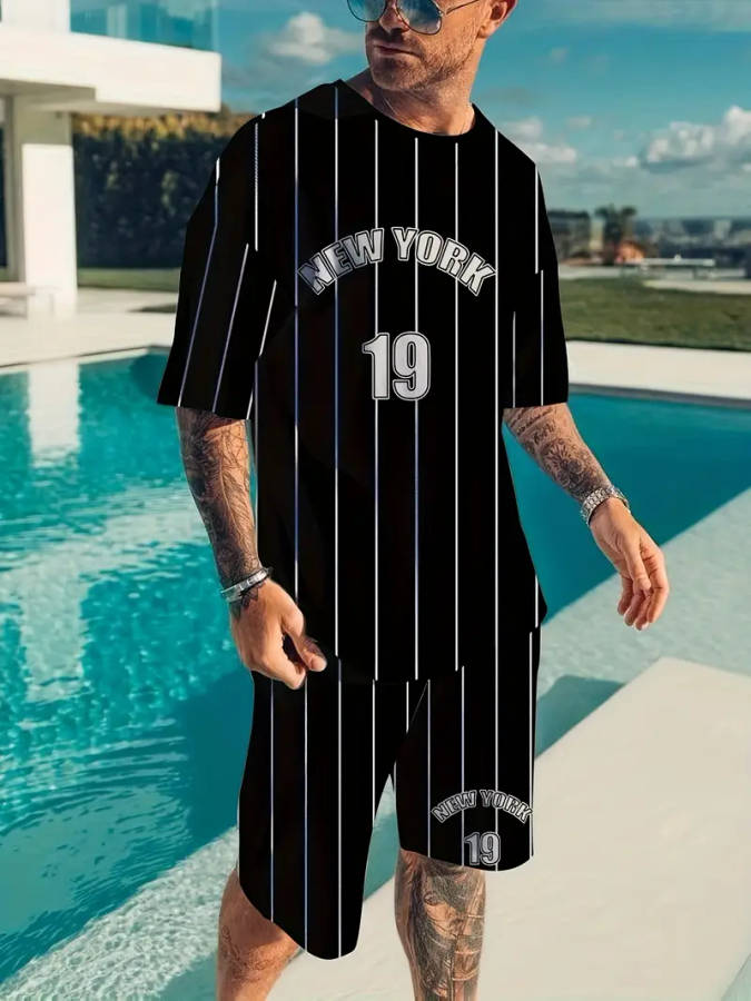 Men's Two-Piece Set, Round Neck Short Sleeve T-Shirt and Drawstring Shorts