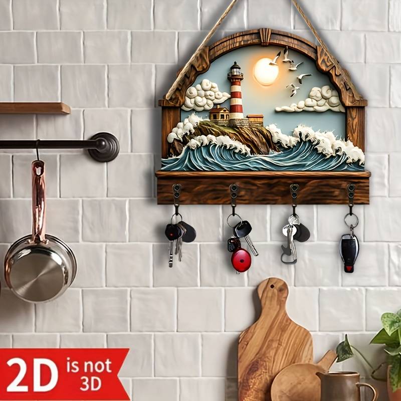 2D Flat 2d/Flat Seaside Lighthouse Simple and Colorful Wooden Home Key Hanger with Four Metal Hooks