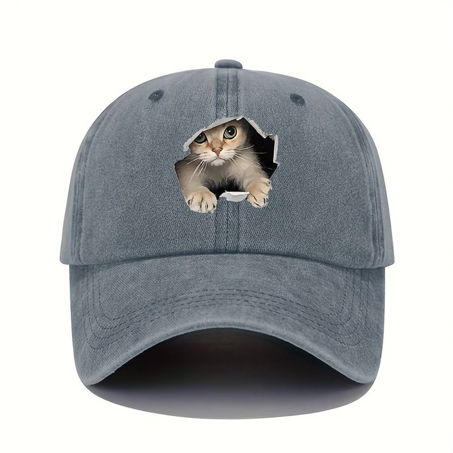1pc Vintage Washed Cotton Baseball Cap with 3D Cat Print Adjustable Stretch Fit Lightweight All-S