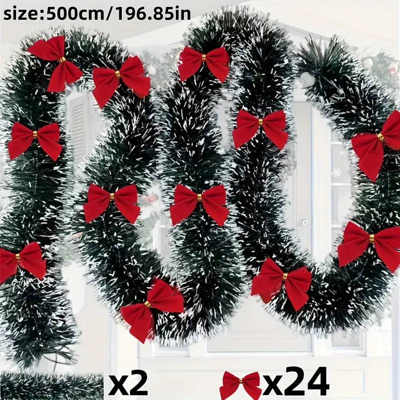 393.7 Inches - 2-Piece Set With Red Bow And Dark Green And White Snowflake Christmas Wreath Decorati
