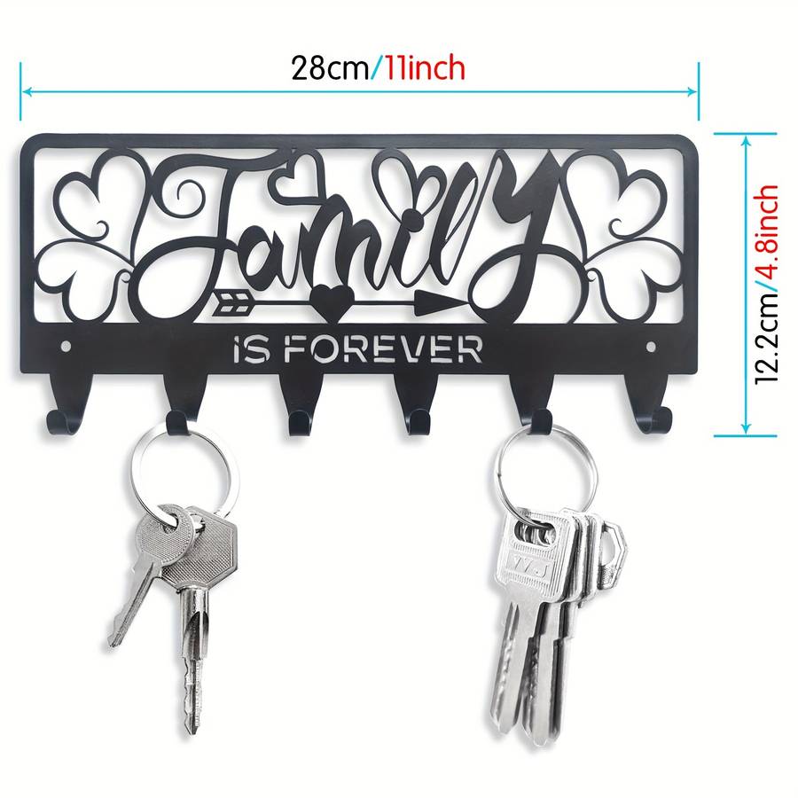 1pc Rustic Black Metal Key Holder with Family is Forever DesignWall Mounted Key Hooks