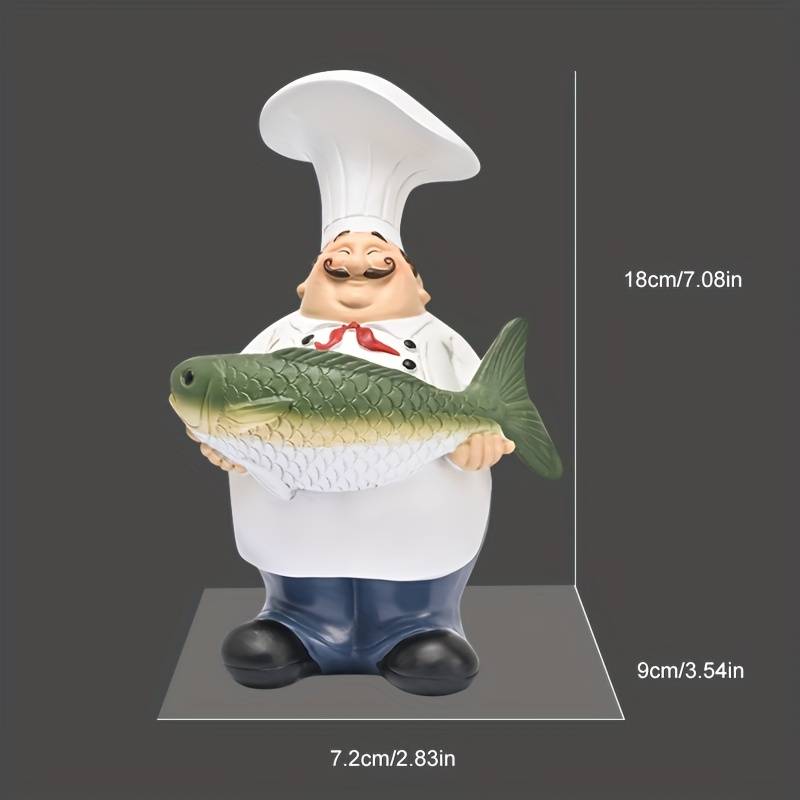 1pc Charming European Chef with Fish Figurine Rustic Resin Statue Cartoon-Style Kitchen Decor fo