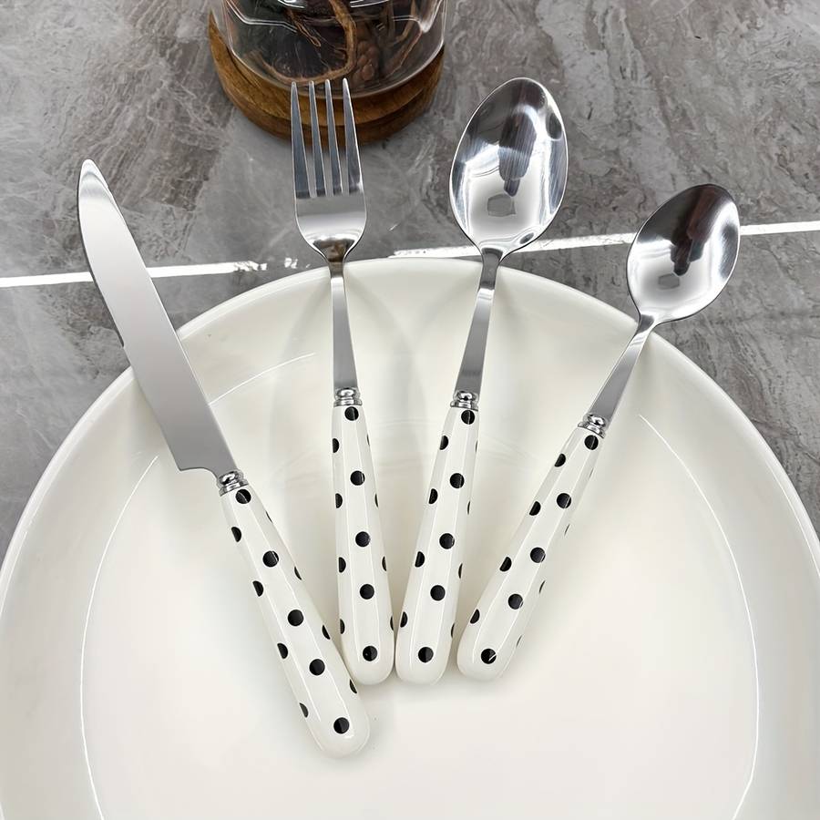 4pcs Stainless Steel Cutlery Set with Polka Dot Ceramic Handles Includes Knife Fork Spoon