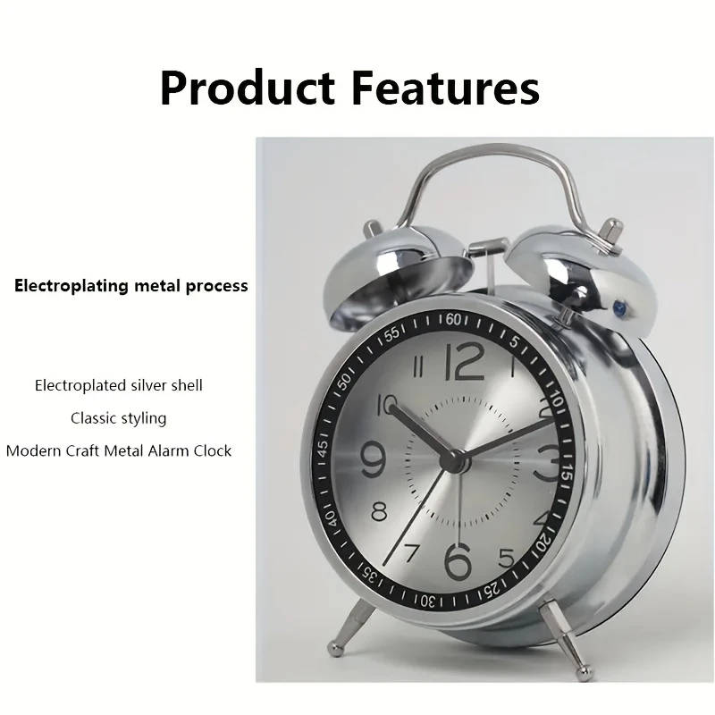 1pc Chic Metal Alarm Clock with Glass Face Luminous Silent Quartz Movement Anti-Fall Design