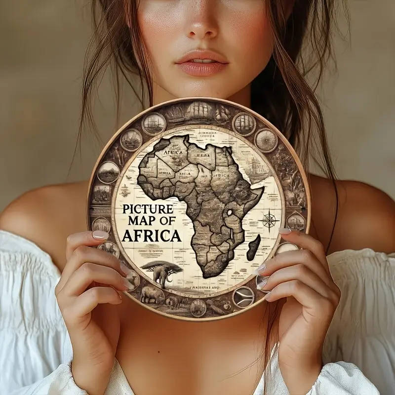 1pc Vintage Wooden Africa Map Wall Art Rustic Round Unfinished Wood Sign Farmhouse Style Hanging Dec