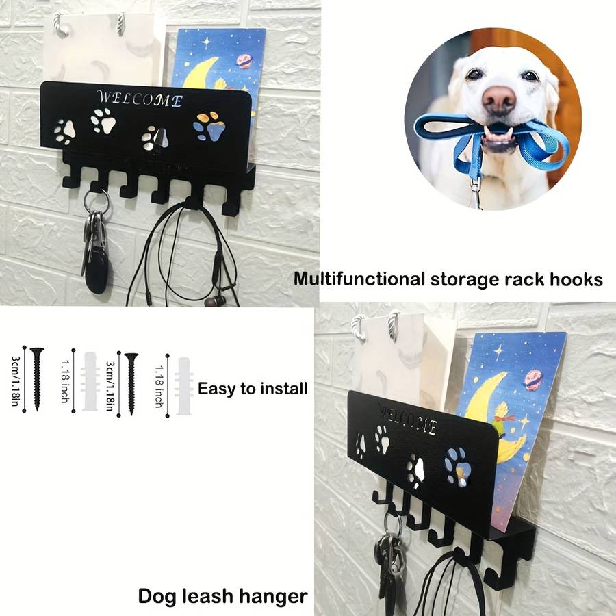 Stylish Black Metal Wall-Mounted Organizer with Key Hooks  Dog Leash HolderRust-Proof Powder-Co