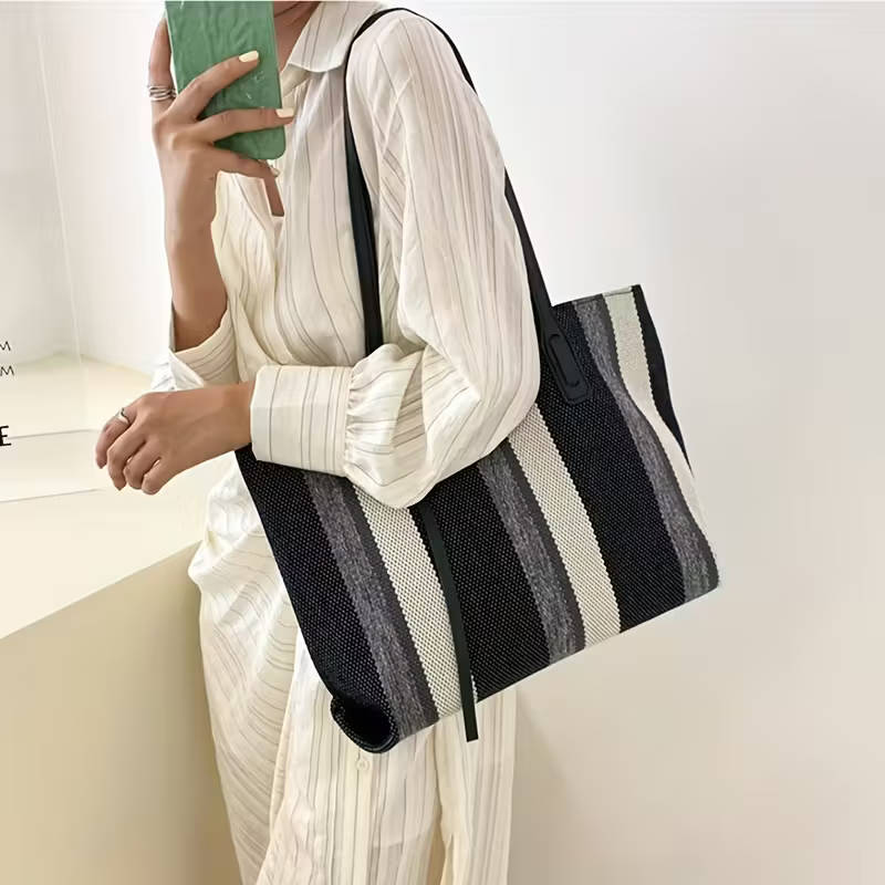 Simple Vertical Stripes Large-Capacity Handbag Brown