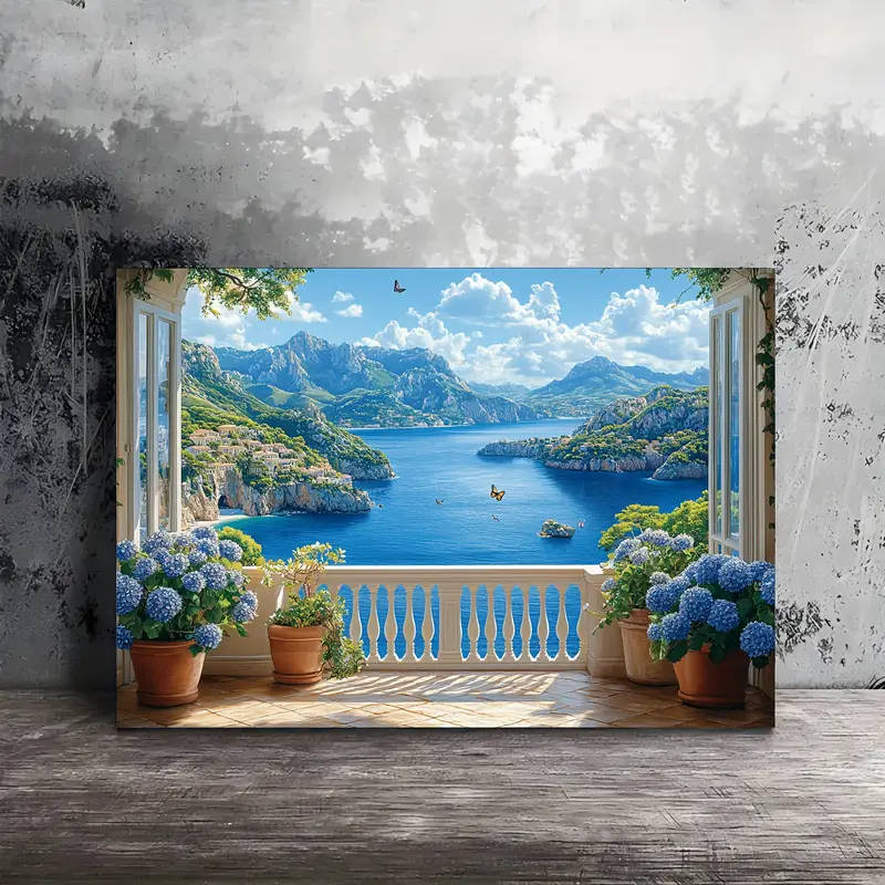 1pc Coastal Balcony Seascape Canvas Wall Art Woven Wooden Framed Print 29.97x39.88 cm Ideal for Livi