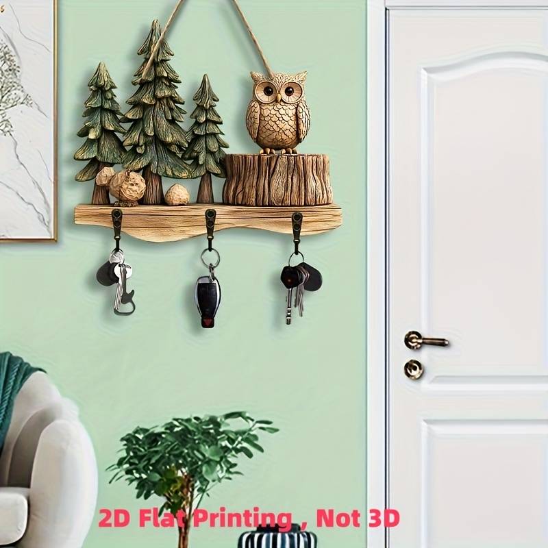 Charming 2D Crow and Forest Colorful Wooden Key Holder30.0cm x 24.99cm with 4 Metal Hooks Perfec