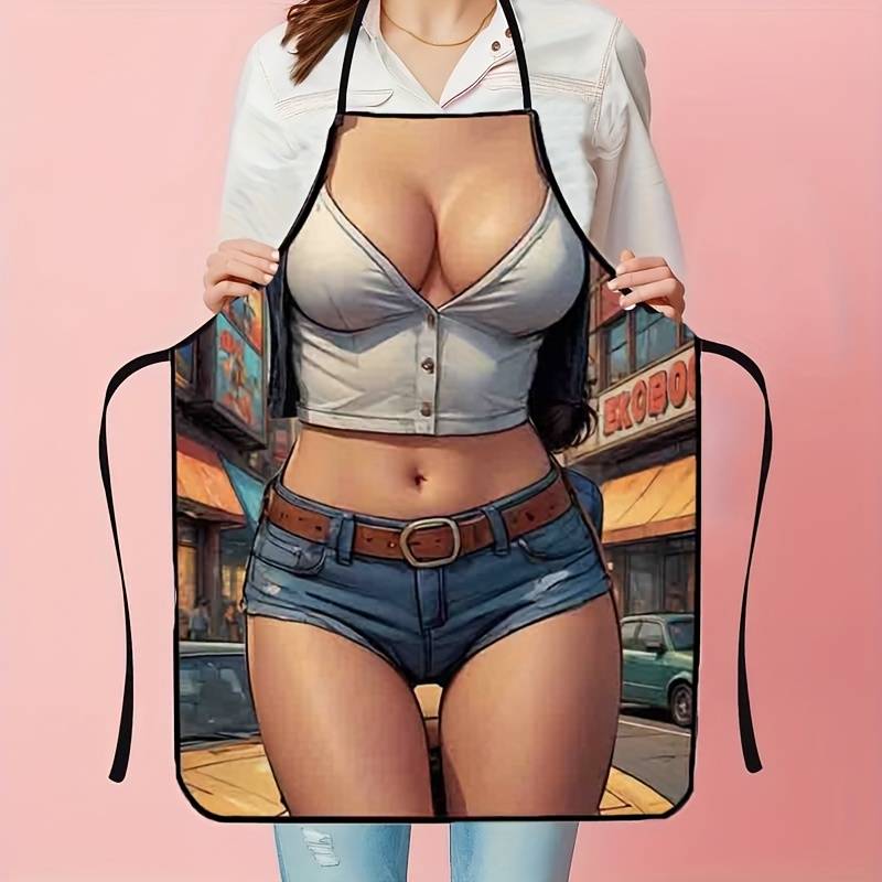 1pc Fashion Street Style Apron with Urban Chic Woman Illustration Durable Polyester Kitchen