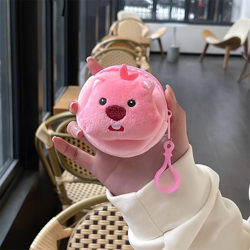 1pc Adorable Pink Beaver Coin Purse Lightweight Cartoon-Style Key Card Holder with Zipper Pock