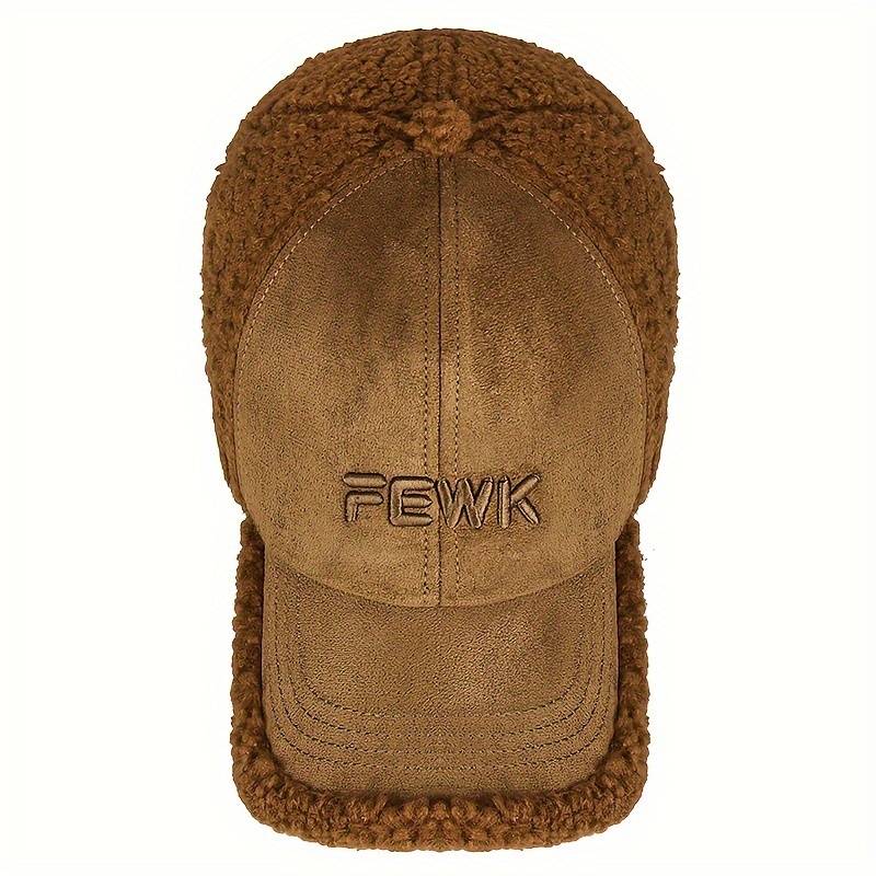 1pc FEWK Embroidered Fleece Baseball Cap Warm Cozy Brown Trucker Hat with Faux Leather Patc