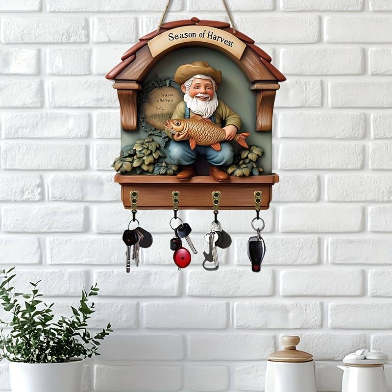 2D Flat 1pc Old Fisherman Holding Big Fish Simple Colorful Wooden Key Hanger for Home with Four M