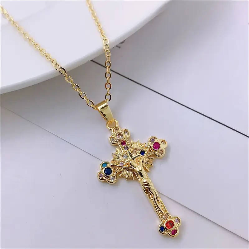 14K Gold Plated Golden Plated 304 Stainless Steel Cubic Synthetic Zirconia Cross WITH Necklace