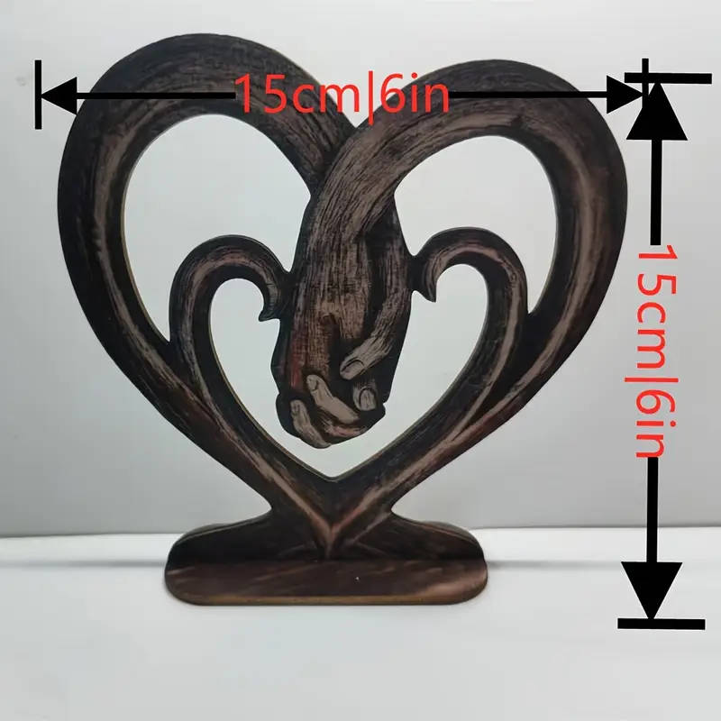 1pc Rustic Wooden Heart-Shaped Hand in Hand Tabletop Ornament Vintage Romantic Log Decor for Bedroom