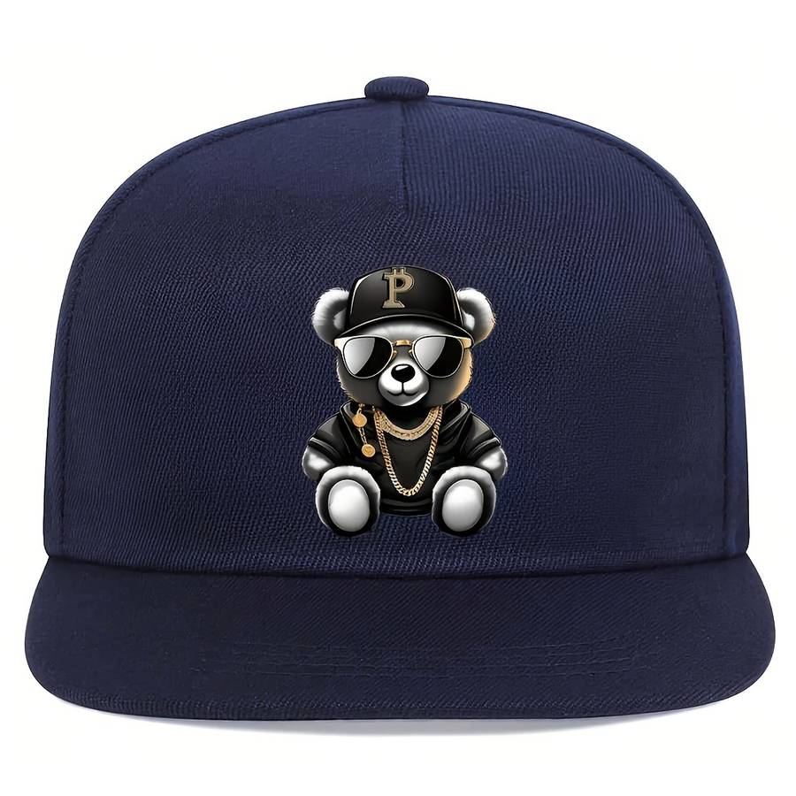 1pc Hip Hop Bear Print Flat Brim Cap Unisex Adjustable Street Style Baseball Hat 100% Polyest