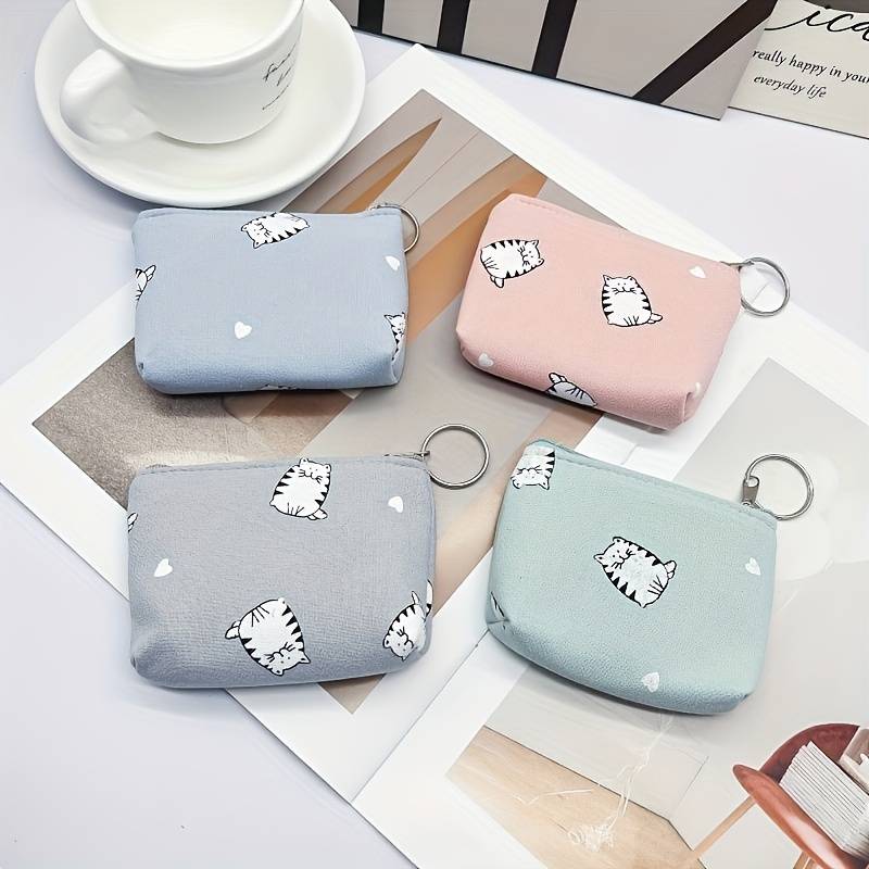 1pc Cute Cat Print Canvas Coin Pouch Portable Fashionable Zipper Wallet with Whimsical Blue