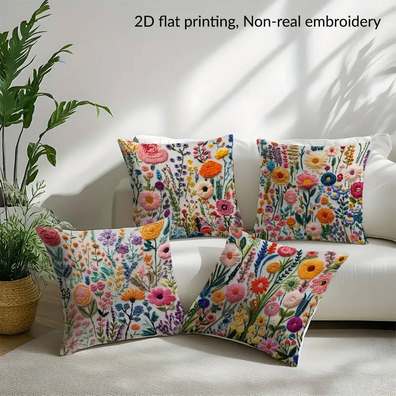 4 Piece, 2D flat printing floral embroidery pattern printing, Non-real embroidery, pillow covers