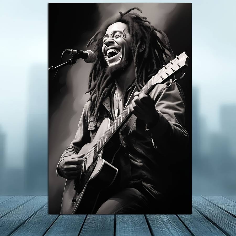 1pc 2D Flat  Frameless Bob Marley Guitar Portrait Canvas Wall Art Monochrome Music Icon Poste