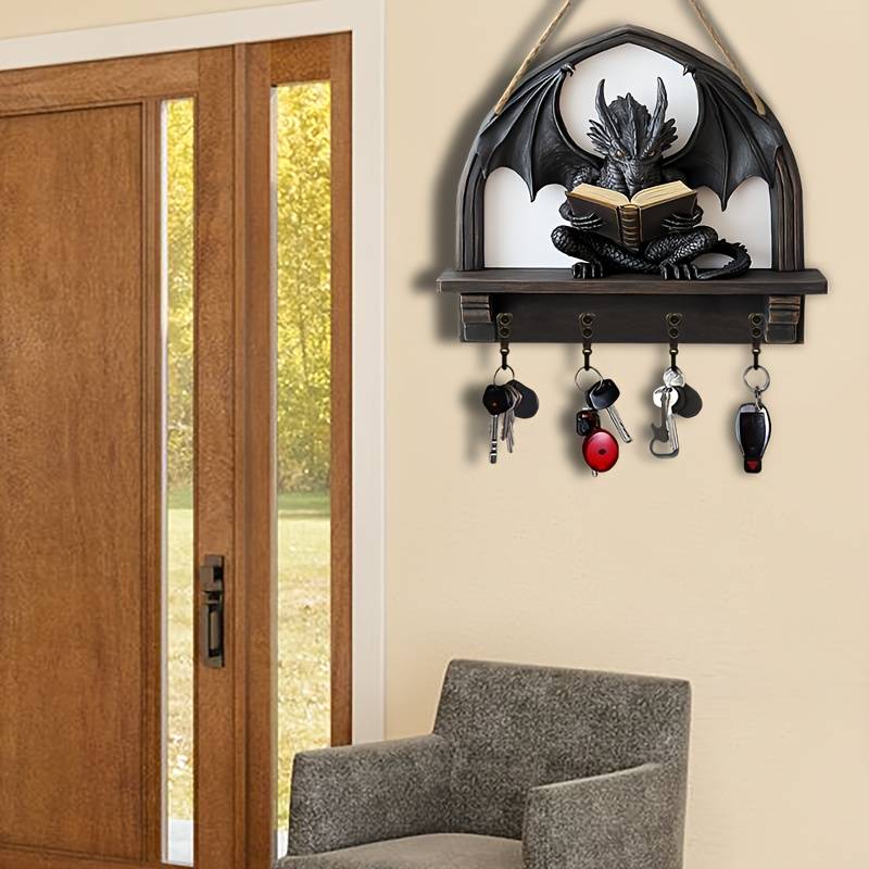 1pc Dragon-Shaped Wooden Key Holder with 4 Metal Hooks Easy Wall Mount Space-Saving Organizer for