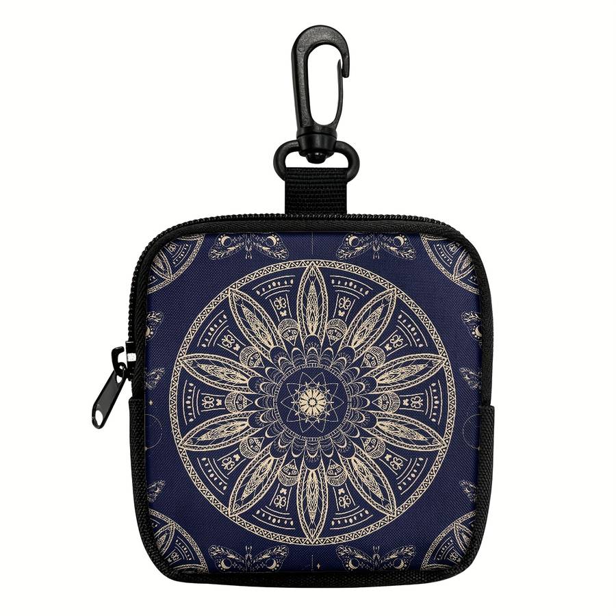 1pc Mandala Flower Coin Purse with Hook Stylish Polyester Earphone Key Organizer Zippered Trav