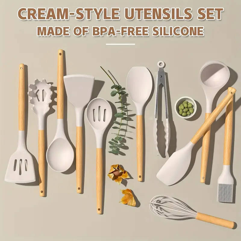 12Piece Silicone Cooking Utensil Set with Wooden Handles and Storage Bucket Non-Stick Kitchen Spatul