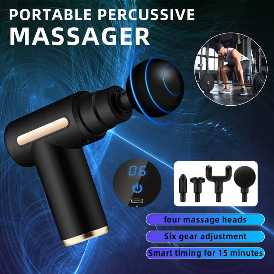 USB Rechargeable 4 Head Interchangeable Massage Gun With 6 Adjustable Settings LCD Display