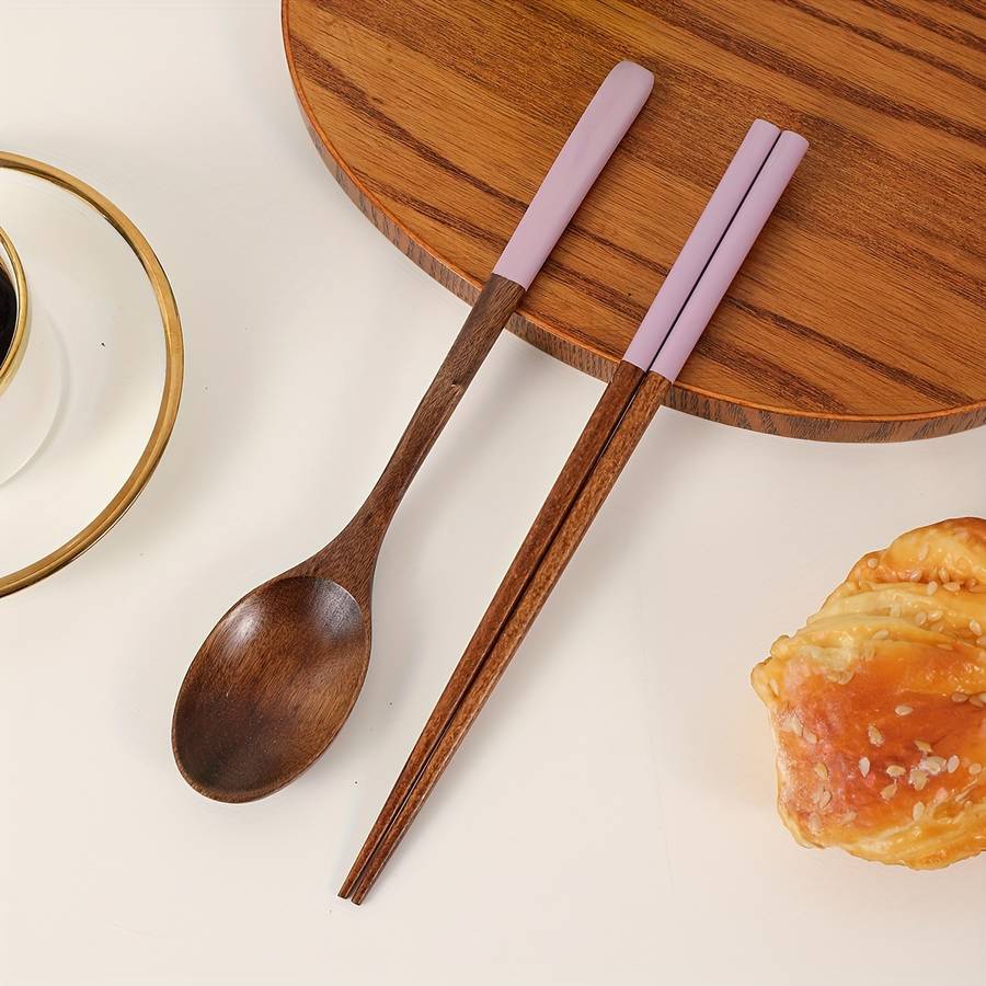 Portable Wooden Spoon Chopsticks Set Colorful Durable Kitchen Utensils for Camping Travel