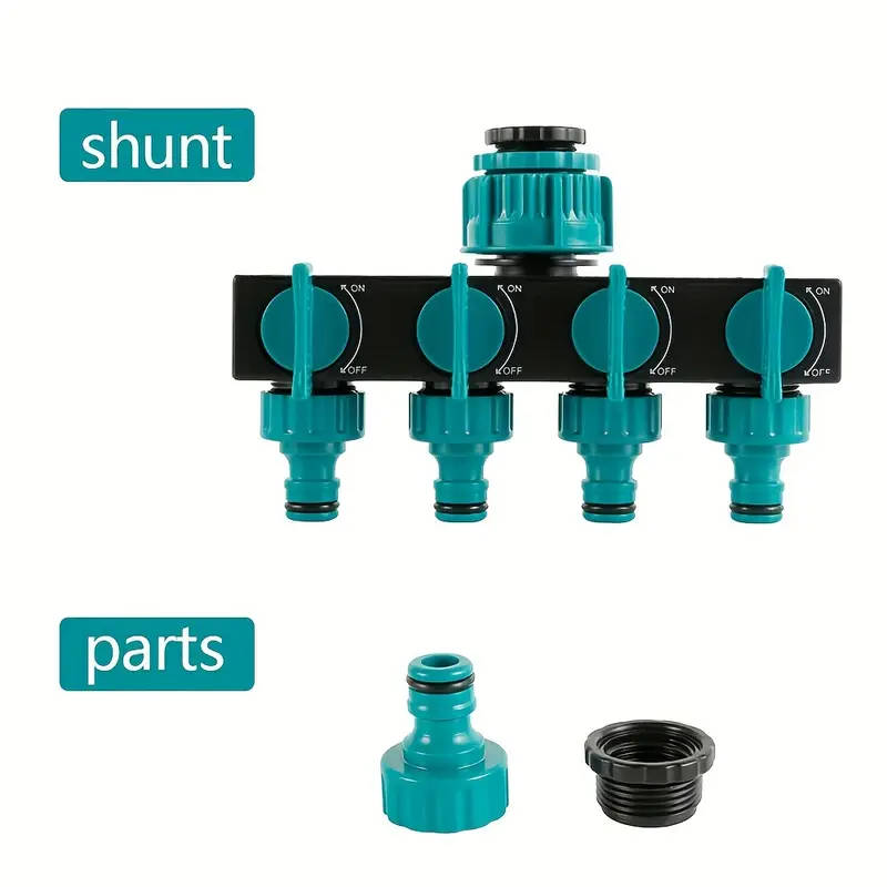 4Way Garden Hose Splitter  1" to 3/4"  1/2" Threads Durable ABS Plastic Green with Black - Essential