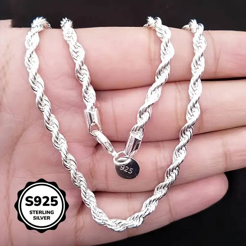 925 Sterling Silver Twisted Rope Necklace, Simple Hip-Hop Style, Shiny Basic Chain