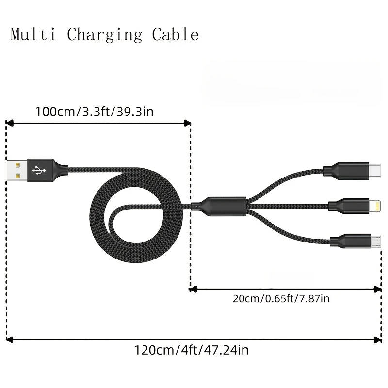 1pc 3in1 Fast Charging USB Cable For IPhone For SamSung Type-C Micro USB Devices For IPhone 14/13/12