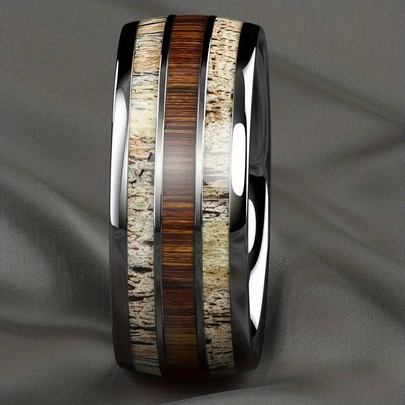 Elegant Men's Stainless Steel Ring with Marble & Wood Inlay