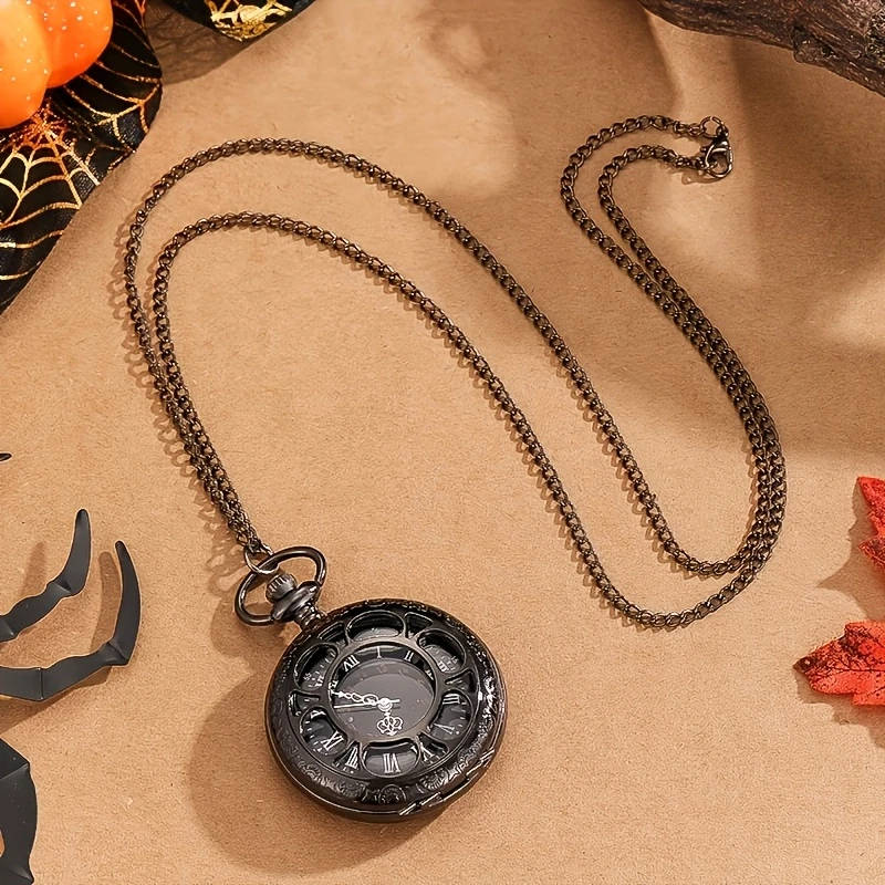 1pc Exquisite Hollow Pocket Watch Black Roman Dial Necklace Pendant Watch Color sent randomly