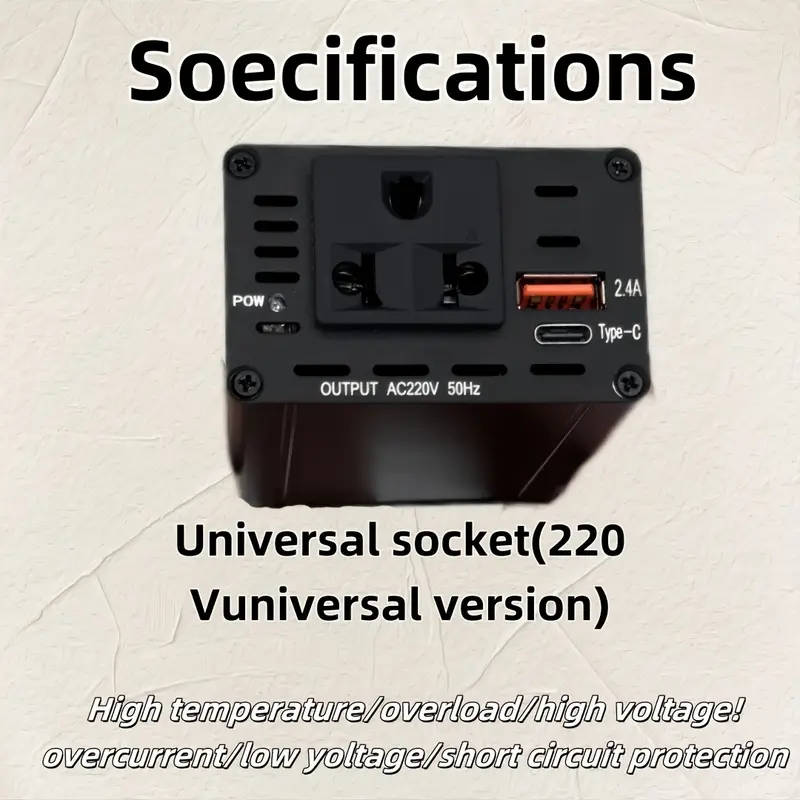 DC12V to AC220V Car Power Inverter with 3.1A Dual USB & Type-C Fast Charging