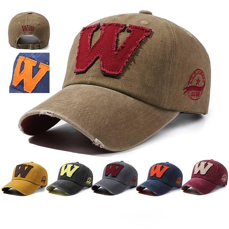 1pc Vintage Washed Embroidered W Baseball Cap Adjustable Fit Sweat Absorbent Sun Protection