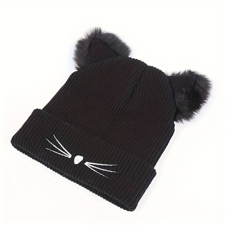 Women's Cute Cat Ear Knit Beanie with Embroidery Acrylic Stretch Skull Cap