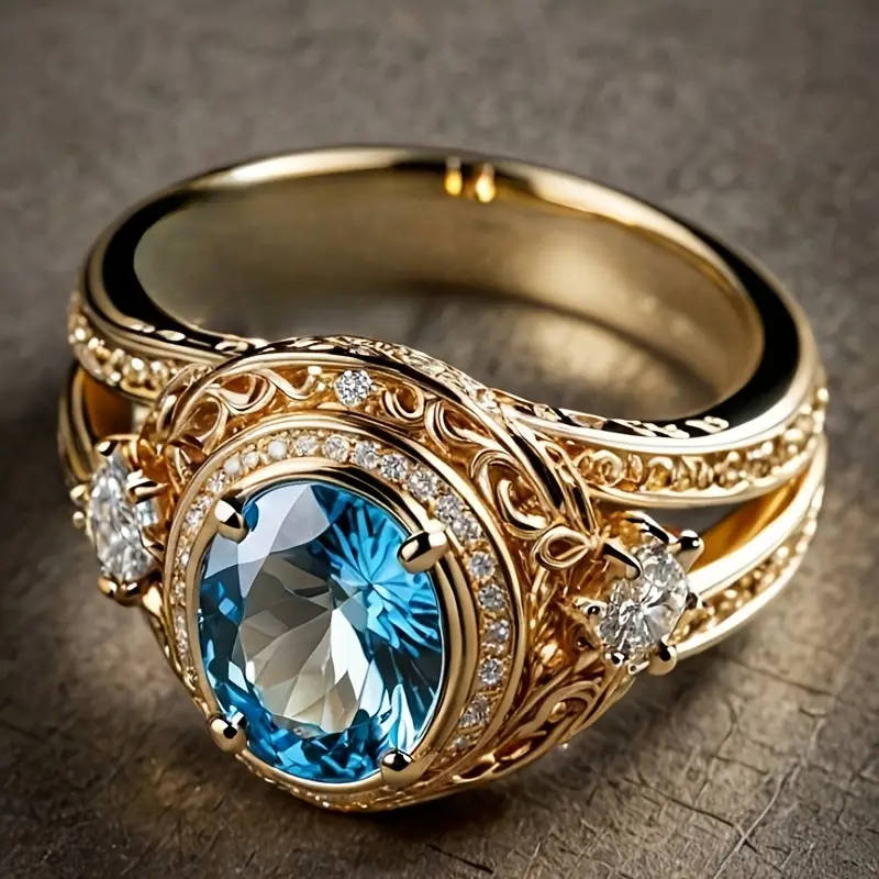 Gold Plated Copper Ring with Sparkling Blue Cubic Zirconia