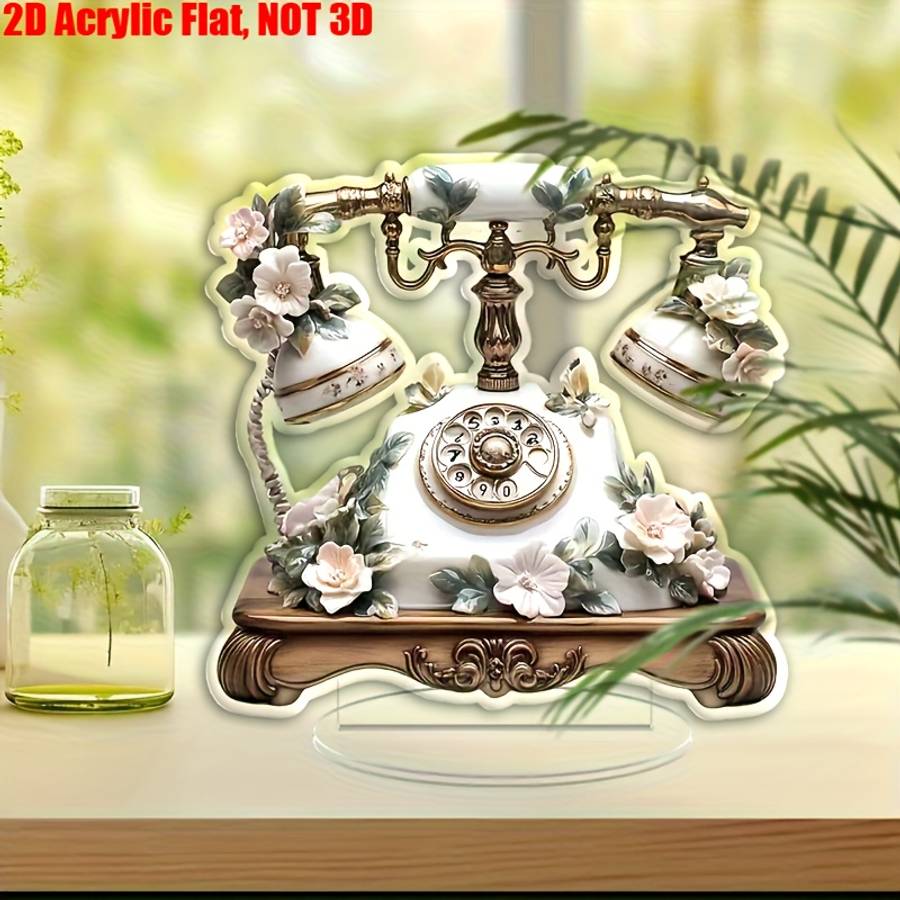 Bohemian Style 2D Flat Acrylic Wall Art Vintage Telephone With Flowers