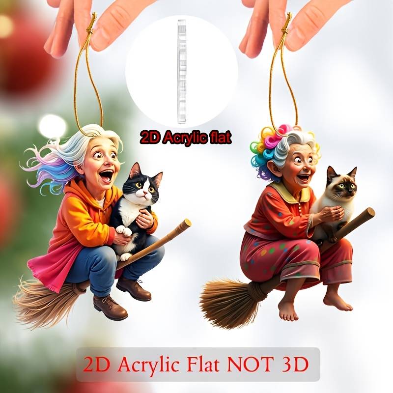 1pc 2D Flat    Whimsical Acrylic Ornament- Grandma on a Broom with a Cat  Perfect for car