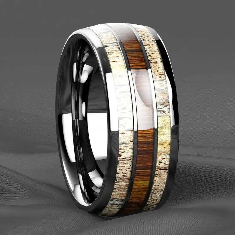 Elegant Men's Stainless Steel Ring with Marble & Wood Inlay
