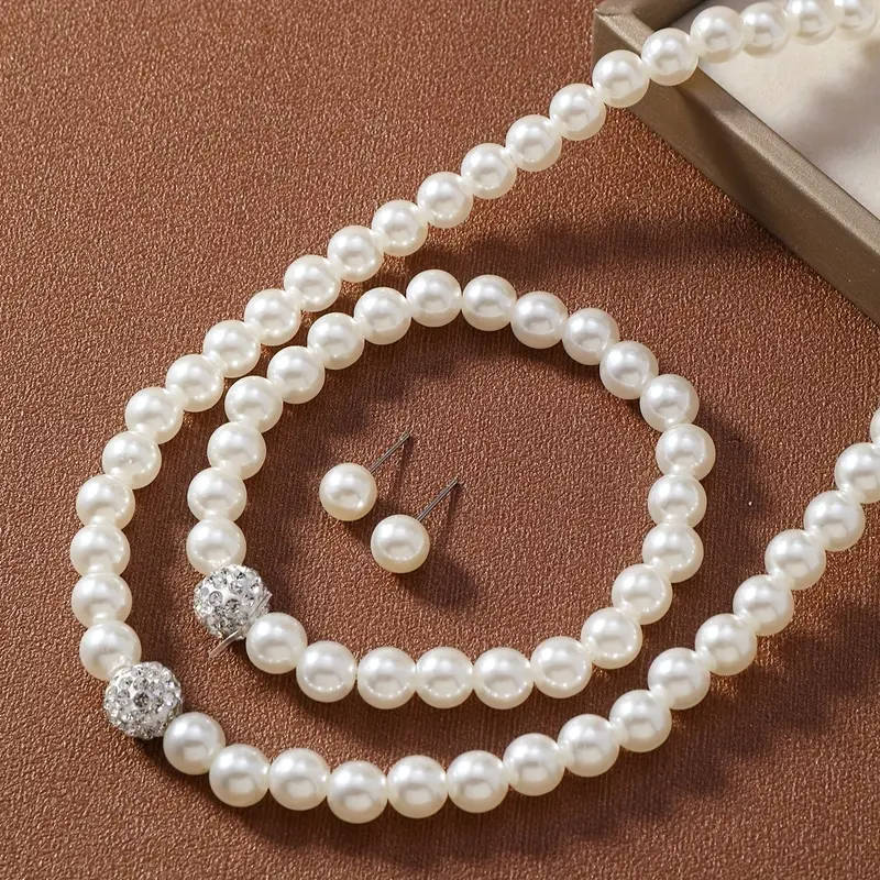 3 Piece White Faux Imitation Pearl Necklace Bracelet Earrings Set Rhinestone Ball