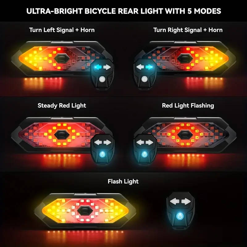 USB Rechargeable LED Bike Tail Light with Left/Right Turn Signal - 5 Modes