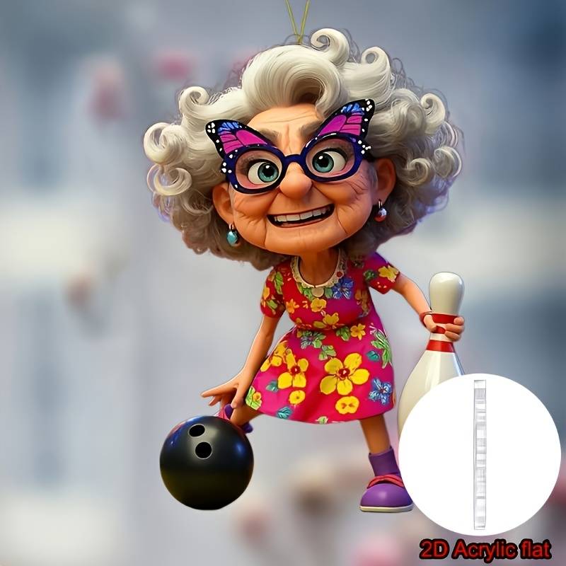 1pc 2D Flat   Acrylic Car Pendant Cute Grandma Playing Bowling Colorful Floral Dress Purpl