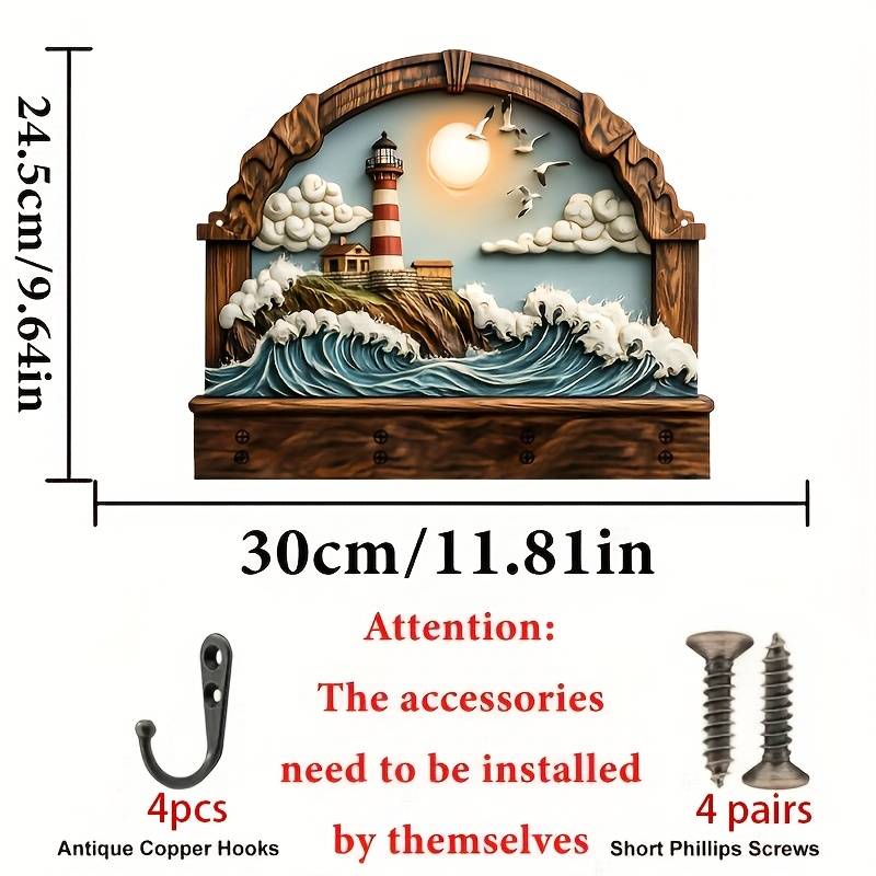 2D Flat 2d/Flat Seaside Lighthouse Simple and Colorful Wooden Home Key Hanger with Four Metal Hooks