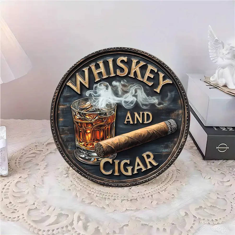 3D Painted Rustic Wooden Round Sign Whiskey And Cigar Artistic Decorative Wall Art Unframed Clas